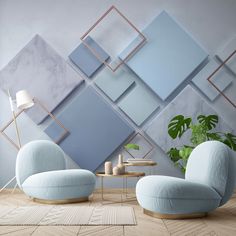 a modern living room with blue and white walls