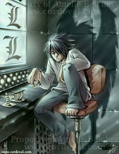 an anime character sitting at a desk with his hand on the table and looking down