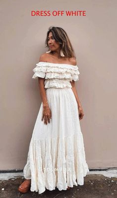 Handmade bohemian off the shoulder dress with lining. Ruffle around with 4 layers. Elastic around a waist. 100% soft raw cotton. Elastic around neckline. Can be worn both way as a cover shoulder or off shoulder and one side shoulder. Color White Cream Off white ( sold out) Measurements: Bust 28 up to 46 inches Waist 25 up to 46 inches. Hip 54 inches. Length 52 inches. CARE: Machine wash cold.These dresses are made from Raw Cotton- In the process of making these dresses the cotton has to be washe Ruffled Wedding Dress, Wedding Dress Maternity, Romantic White Dress, White Bohemian Dress, Romantic Maxi Dress, Romantic Wedding Dress, Long Summer Dresses Maxi, White Ruffle Dress, Boho Mode