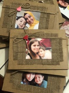 three pictures are placed on top of each other with twine and hearts attached to them