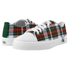 Colorful ZipZ brand low top tennis shoes done in the traditional red, green, white, yellow, blue and black Scottish clan Stewart Dress plaid pattern. The back seam is done in solid green. Great casual shoe for him or her. Black Tennis Shoes Outfit, Low Top Tennis Shoes, Plaid Apron, Royal Stewart Tartan, Black Tennis Shoes, Printed Shoes, Tennis Shoes Outfit, Honey Dew, White Tennis Shoes