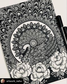 a black and white drawing of a peacock surrounded by flowers with the caption artwork henna