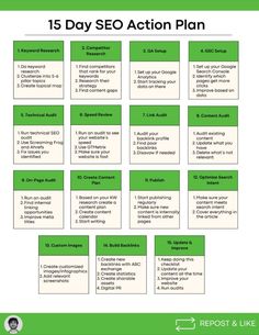 a green and white business plan with the words'15 day seo action plan '