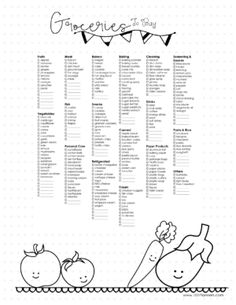 a printable grocery list with fruits and vegetables on it, in black and white