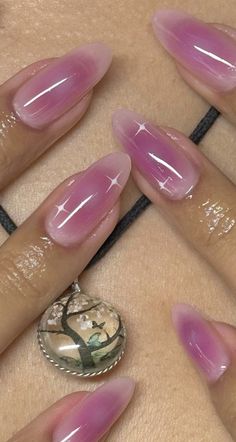 Spring Holographic Nails, Oval Nail Inspo Acrylic, Matte Aura Nails, Nails With One Rhinestone, Oval Nails Aesthetic, Fun Prom Nails, Long Nail Almond, Lowkey Nails, Coffin Aura Nails