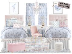 a bedroom with blue and pink bedding, chandelier, chair, rug and pictures on the wall