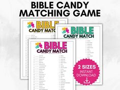 the bible candy matching game is shown in three different colors and sizes, with text that reads