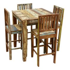 a wooden table with four chairs and one chair that is made out of pallet wood