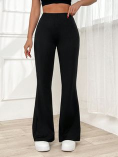 Women Black Low Waist Flared Leg Pants Black Casual   Fabric Plain Flare Leg Slight Stretch  Women Clothing, size features are:Bust: ,Length: ,Sleeve Length: Black Flared Trousers Outfit, Flared Trousers Outfit, Black Flared Trousers, Black Flare Pants, Trouser Outfit, Costume Inspo, Flared Leggings, Flare Leg Pants, Flare Trousers