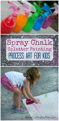 a girl painting with spray paint on the ground and text overlay that says spray chalk splatter painting process art for kids