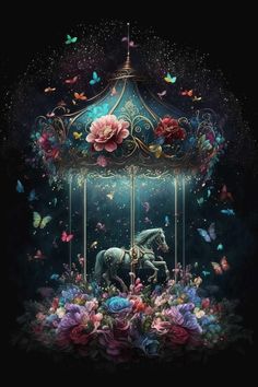 a carousel with flowers and butterflies in the sky, on top of a black background