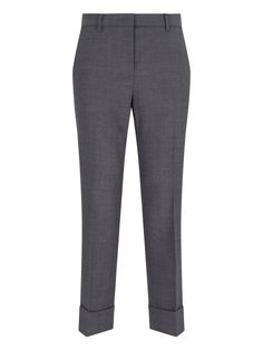 Incotex wool straight trousers, grey, high-waisted, belt loops, hook and zip fastening, two side pockets, two welt button pockets at back, turn-up detail on hem, straight leg. Composition: 97% Virgin Wool, 3% Elastane Gray Dress Pants With Belt Loops For Work, Elegant Gray Bottoms With Straight Hem, Versace Leather Jacket, Fendi Shirt, Expensive Handbags, New Bottega, Straight Trousers, Gorgeous Bags, Mens Trousers