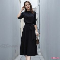 Qteee - Elegant Long-Sleeved Belted Dress Casual Half Sleeve Office Dresses, Black Long Sleeve Midi Dress For Fall, Modest Black A-line Dress, Black Long Sleeve Midi Dress For Work, Black Short Sleeve Dress For Winter, Black Modest Midi Dress, Casual Black Half-sleeve Dress, Casual Black Half Sleeve Dress, Black Stretch Midi Dress With Long Sleeves