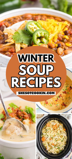 Photo collage with winter soup recipes with text overlay. Crockpot Soup For Colds, Amazing Soups Recipes, Favorite Soups Recipes, Family Favorite Soups, January Soup Recipes, Best Soup For Cold Weather, Good Soups For Winter, Winter Stews Crockpot, Healthy Cozy Soup