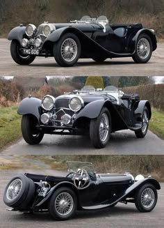 three different views of an old fashioned car