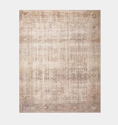 an antique rug with faded edges in beige and brown tones, on a white background