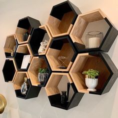 the shelves are made out of hexagonal wood