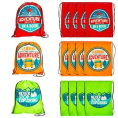 four backpacks and two drawsack bags with the words learning in a book on them