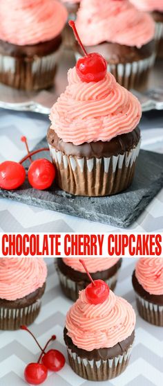 chocolate cherry cupcakes with pink frosting and cherries on top are shown