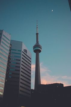 the sky is blue and pink in this cityscape with skyscrapers at dusk