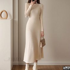 Fisdy - Elegante vestido de punto por encima de la rodilla con medio cuello alto, perfecto para llevar a capas como vestido básico Knee Length Sweater, Party Midi Dress, Chique Outfit, Midi Dress For Women, Dresses Ladies, How To Fold Sleeves, Sweater Dresses, Long Sleeve Knit Dress, Midi Dress Party