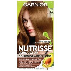 Garnier Nutrisse Ultra Color Nourishing Hair Color Creme delivers up to 8 weeks of bold vibrant color for all hair textures and even dark bases with intensity-enhancing Color Boost technology. Garnier Nutrisse is the only hair color creme with a separate ampoule of grapeseed oil that you snap and pour directly into your mix. Lock in moisture and color with our after color mask infused with triple oils avocado, olive and shea for hair that is smooth, silky, shiny and protected from dryness. Honey Brown Hair Color, Garnier Hair Color, Golden Brown Hair Color, Golden Brown Hair, Honey Brown Hair, Color Conditioner, Hair Color Formulas, Dyed Red Hair, Brown Hair Dye