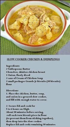 the recipe for slow cooker chicken and dumplings is shown in this screenshot