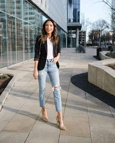 Outfits Con Jeans, Blazer Outfit, Business Casual Outfits, Black Blazer, Work Attire, Ripped Jeans