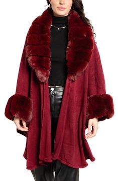 Plush faux fur details the shawl collar and cuffs of this cozy cardigan you'll love to layer up in. 49" length Shawl collar Long sleeves Open front 100% acrylic with 100% polyester faux fur Hand wash, line dry Imported Red Cape Coat, Fur Trim Cardigan, Fur Trimmed Cape, Cape Designs, Cozy Cardigan, Cape Coat, Elegant Red, Fur Coats, Sweaters And Leggings