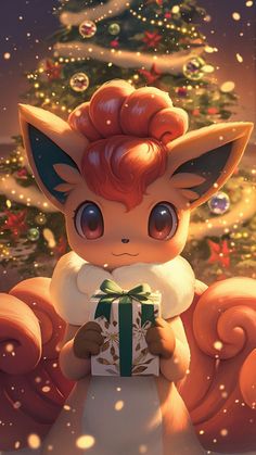 an animal holding a present in front of a christmas tree