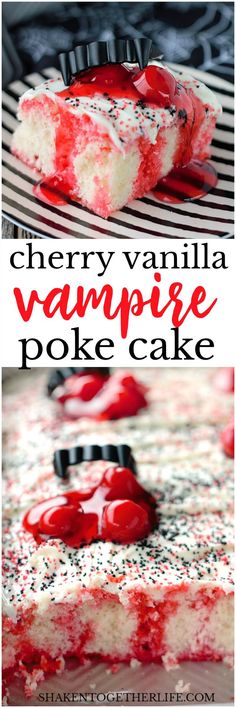 cherry vanilla vampire poke cake with sprinkles on top and in the middle