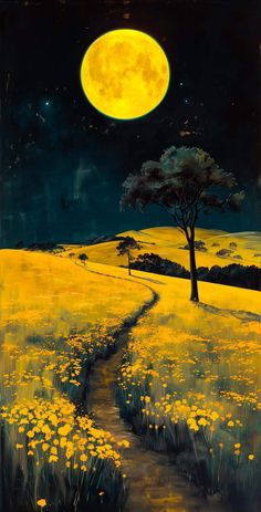 a painting of a yellow field with a tree and moon in the sky above it