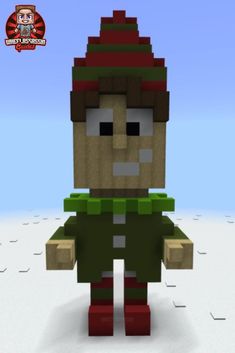 an animated image of a man in a green shirt and red pants standing on a snow covered ground