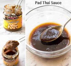 three pictures showing how to make peanut butter and jelly in a jar with spoons