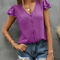 Peilia - Chic V Neck Blouse: Elegant Layered Short Sleeve Button Front Top for Womens Fashion Purple V-neck Blouse With Buttons, Trendy Purple Blouse With Buttons, Layered Short, Blouse Elegant, Button Front Top, V Neck Blouse, Color Purple, Button Down Shirt, Solid Color