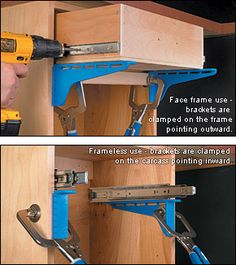 two pictures showing the different tools used to attach cabinets