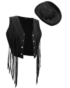 PRICES MAY VARY. Western Cowgirl Costume Set: the set of cow girl costume for women includes 1 piece fringe top for women western and 1 piece cowgirl hat, which can meet most people's preferences and decorative needs, a nice combination for cowgirls Western Theme: the fringe vest for women hippie features classic western cowboy hippie style, with faux suede tassels on the front and rivets decorated, stylish and cool; The cowboy hat with strap and rivets also will add a cool and different touch t Western Cowgirl Costume, Cowgirl Costume For Women, Felt Cowgirl Hat, Tassel Jacket, Black Cowgirl, Cowboy Costume, Cowgirl Costume, Fringe Vest, 70s Hippie