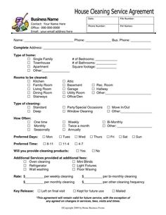 the house cleaning service agreement is shown in this document, which includes instructions to use it