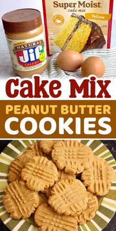 peanut butter cookies with the words cake mix in front of them and an image of eggs,