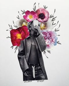 a drawing of a person holding flowers in front of their face and covering his eyes