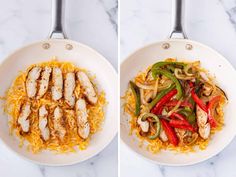 two pictures of chicken and peppers in a skillet