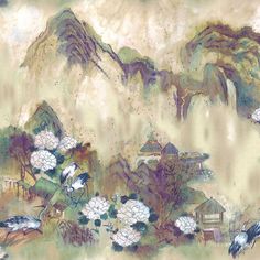 A secluded village hidden deep in the mountains is shrouded in mist and flower blossoms. This peaceful setting is the perfect place for elegant Cranes to make their home. Shown here in the light green and purple colourway. Sorry samples are not available. Watercolor Mural, Chinoiserie Art, Blue Spirulina, Colorful Mountains, Chinese Landscape, Luxury Wallpaper, Wallpaper Direct, Kelly Wearstler, Wallpaper Calculator