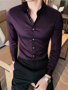 Details:Button \nStyle:Casual \nType:Shirt \nPlacket:Single Breasted \nSleeve Type:Regular Sleeve \nColor:Purple \nPattern Type:Plain \nNeckline:Collar \nSleeve Length:Long Sleeve \nFit Type:Regular Fit \nLength:Regular \nMaterial:Fabric \nComposition:100% Polyester \nCare Instructions:Machine wash or professional dry clean \nSheer:No \nFabric:Slight Stretch \n Satin Long Sleeve, Formal Shirt, Men Shirts, Formal Shirts, Single Breasted, Dry Clean, Mens Shirts, Satin, Collar