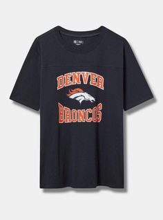 a black denver football t - shirt with an orange and white logo on the chest