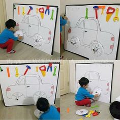 four pictures of a young boy drawing on a white board