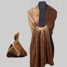 A very elegant velvet shawl for your wedding party or evening dress. Made of luxury soft velvet.  Color: brown cinnamon camel or ( other colors are available ) Size: 190 cm x 48 cm approx. Bag : 22 cm x 25 cn You can use it as a wrap, shawl or stola. WE have matching bags in our Etsy Shop! WE accept credit cards! Warning: Although the fabric we use is of high quality, in certain cases during high humidity of air / humid skin etc. dark navy blue and black color velvet /velour fabric may transfer Elegant Gold Shawl For Winter, Velvet Matching Set, Shawl Outfit, Dark Green Velvet, Great Gatsby Fashion, Red Shawl, Velvet Dress Long, Wedding Shrug, Velvet Bridesmaid Dresses