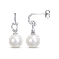 These chic drop earrings each showcase a lustrous freshwater cultured pearl dangling from a sterling silver link. The earrings secure with friction backs. Modern Formal Earrings With Pearl Pendant, Modern Dangle Earrings With Pearl Drop, Modern White Gold Pearl Drop Earrings, Modern Pearl Pendant Earrings, Modern Drop Earrings With Pearl Charm, Modern White Dangle Pearl Earrings, Modern Silver Pearl Earrings For Formal Occasions, Timeless Sterling Silver Pearl Charm Earrings, Modern Pearl Drop Earrings With Pendant