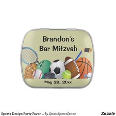 personalized candy tin with sports items on it