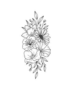 a bouquet of flowers with leaves and buds on a white background in the style of line art