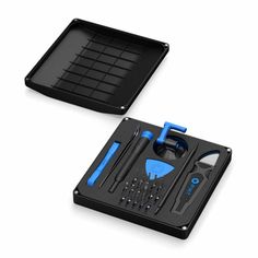 two black trays with blue tools in them on a white surface, one is open and the other is closed